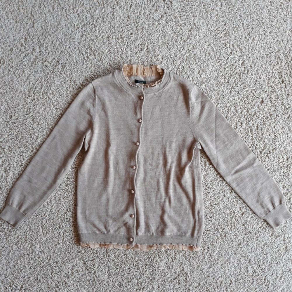 J. Crew Tan Merino Wool Cardigan w/ Lace Ruffles